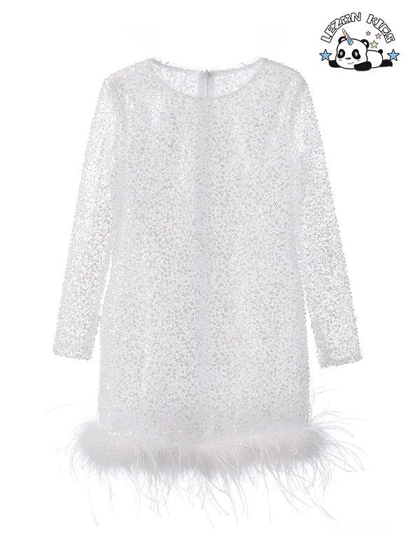 LEZONKIDS - Good Quality  Children White Flower Dress Girl Birthday Party Evening Skirt Sequin Girls Dress